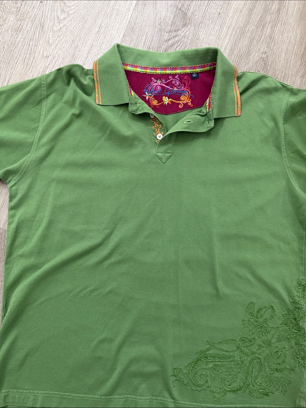Robert Graham Green Embroidered Polo Shirt with Colorful Trim